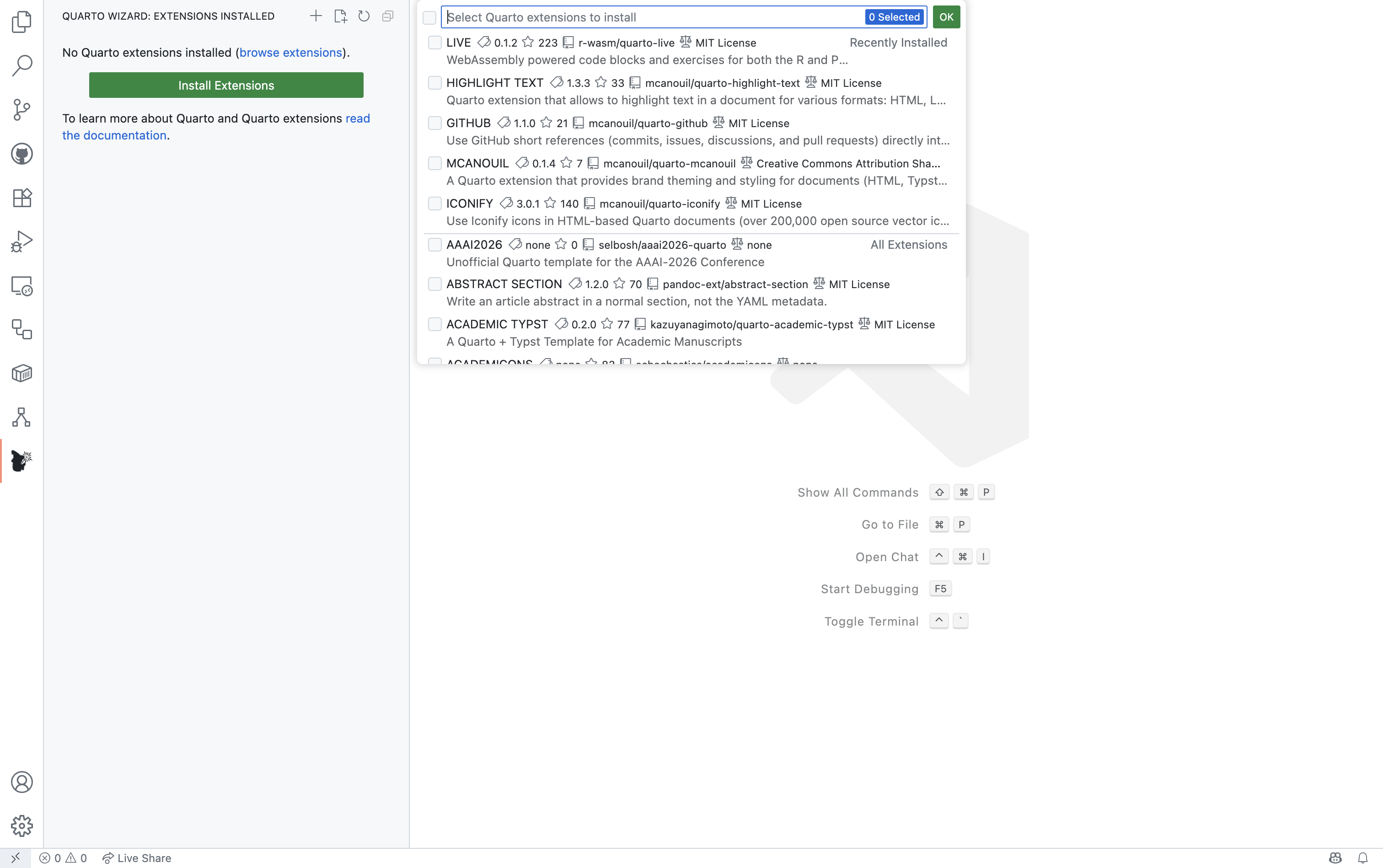 Quarto Wizard: Install Extensions (Light) Quarto Wizard extension selection dialog showing list of available extensions with checkboxes including LIVE, HIGHLIGHT TEXT, GITHUB, and other Quarto extensions.